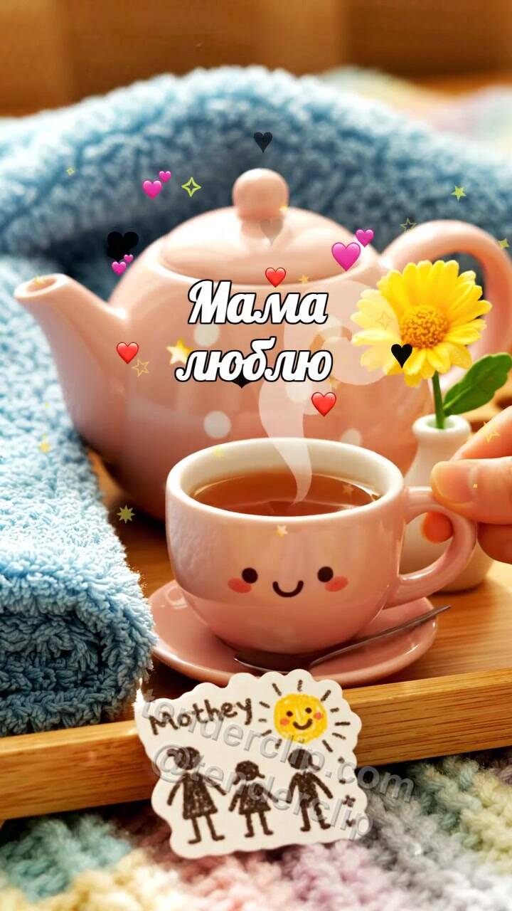 Анимационная открытка на тему Мама люблю: чашка чая придвигается ближе
