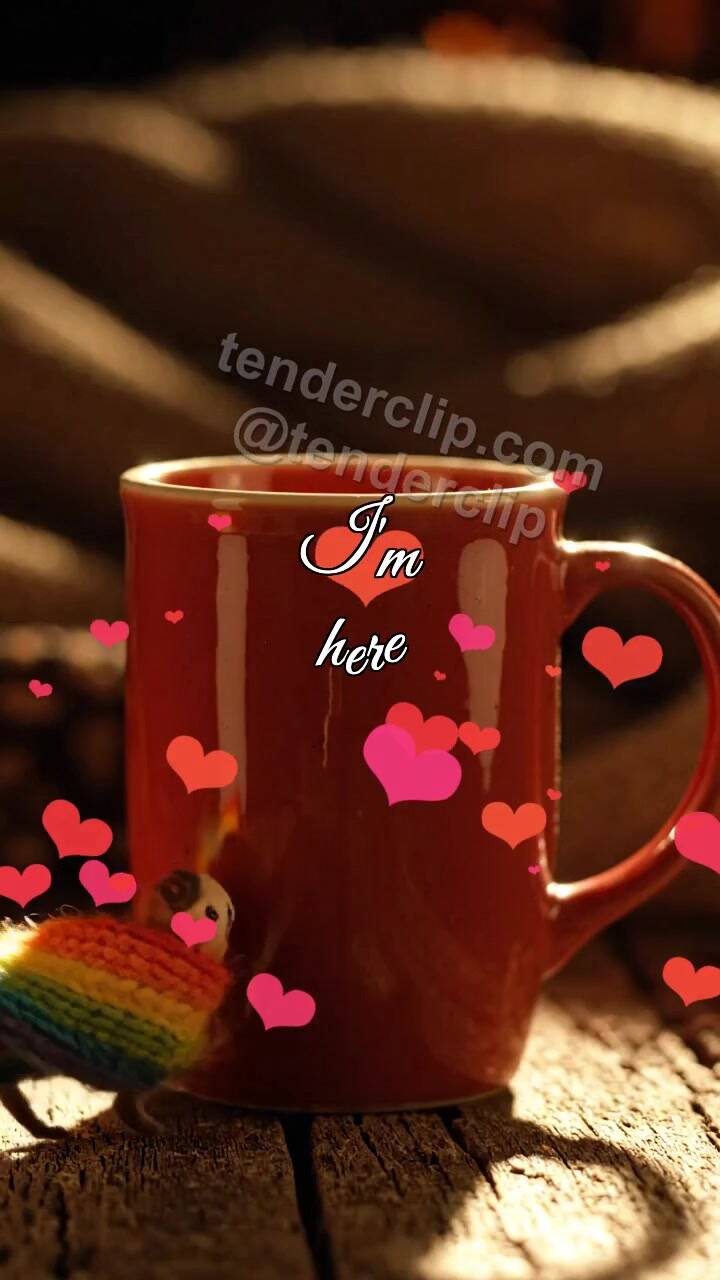 Animated greeting card about I'm here: scarf wraps a mug