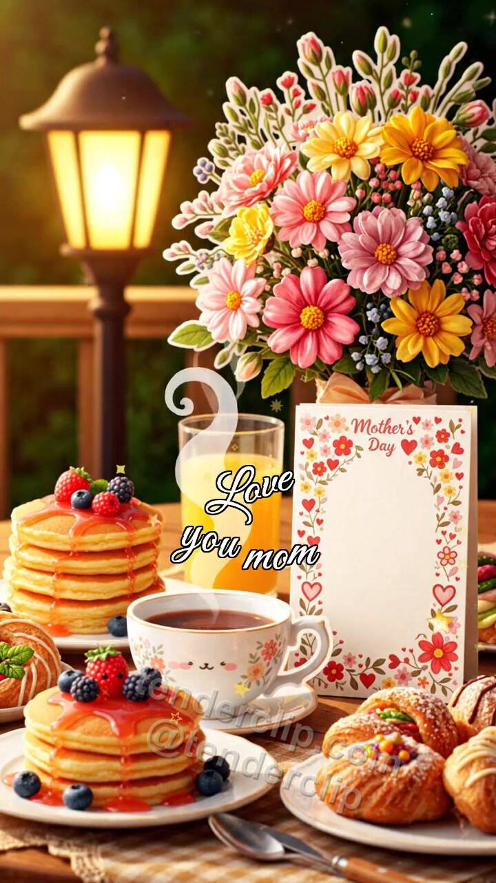 Animated greeting card about Love you mom: tea moves closer