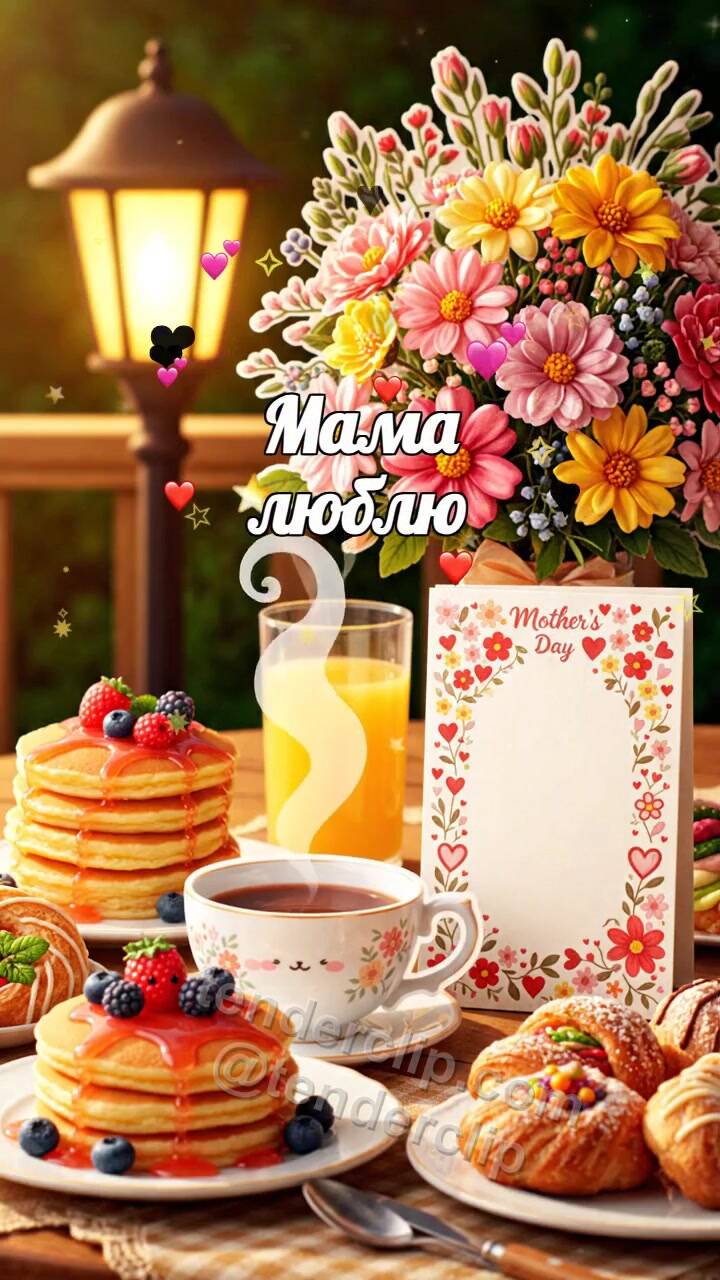 Анимационная открытка на тему Мама люблю: чашка чая придвигается ближе