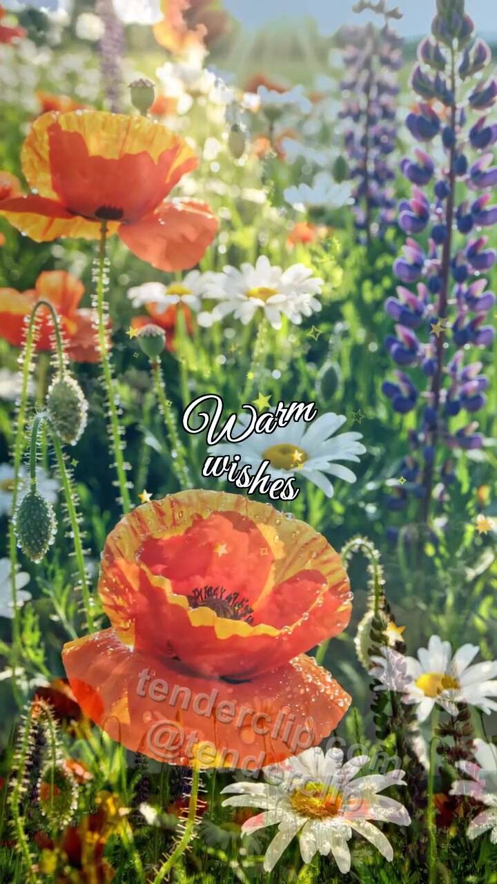 Animated greeting card about Warm wishes: summer sky opens over flowers