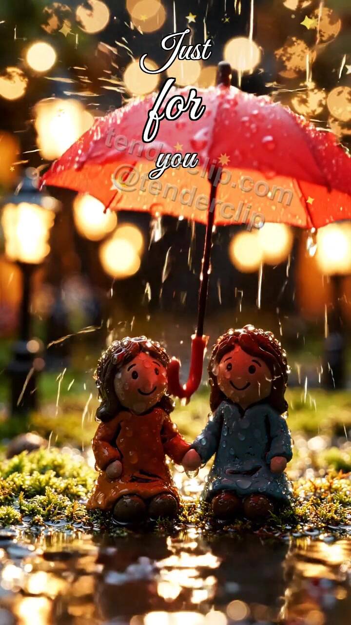 Animated greeting card about Just for you: umbrella shelters two