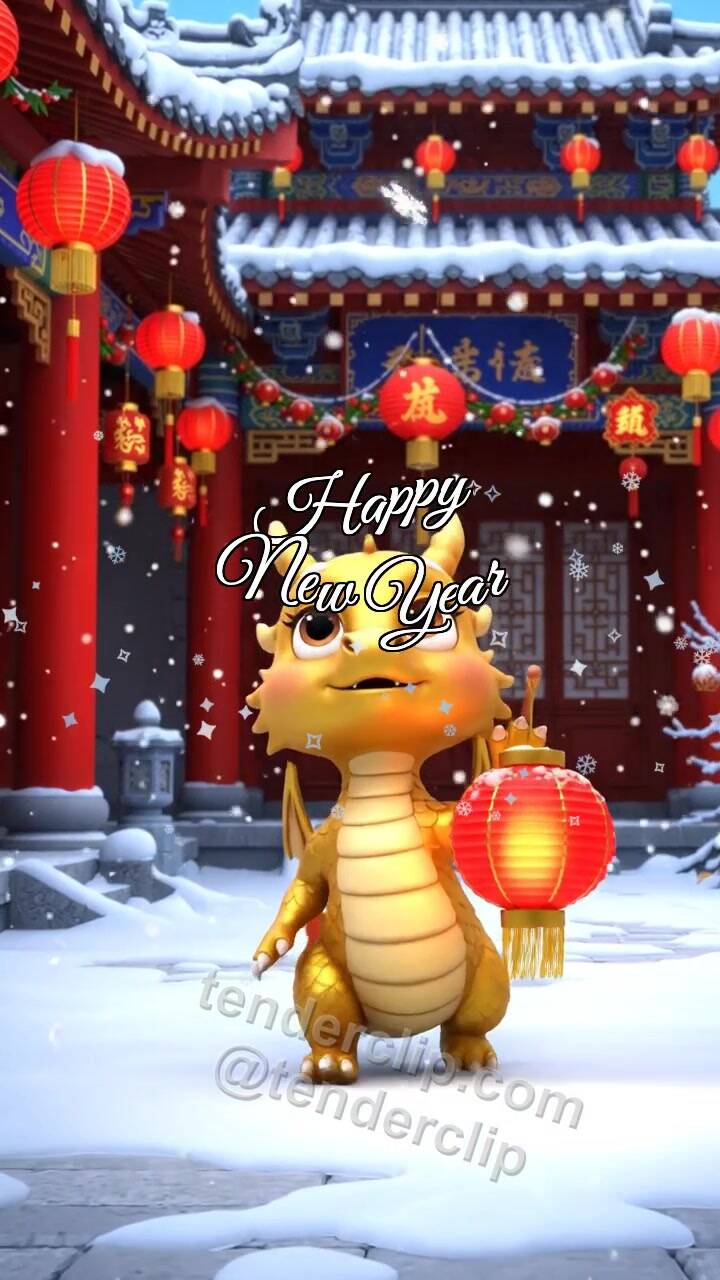 Animated greeting card about Happy New Year: a friendly tiny zodiac dragon with soft golden scales catches snow with a lantern
