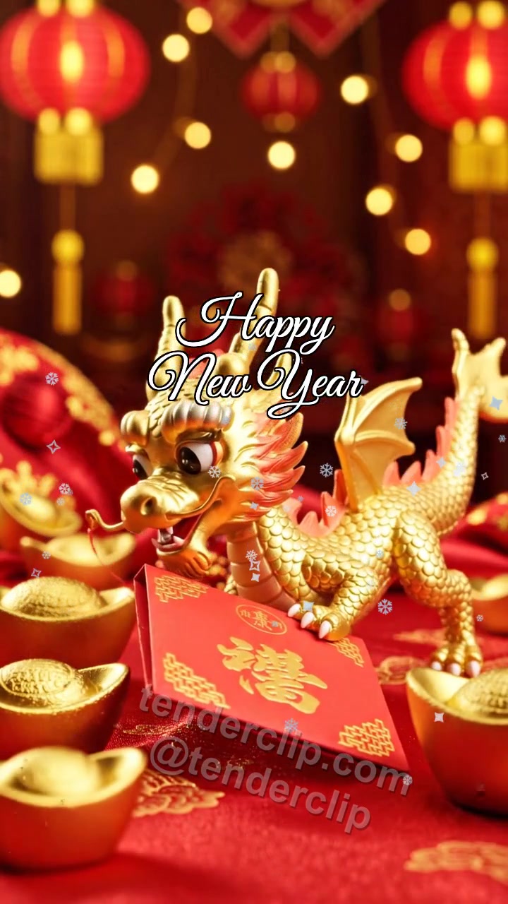 Animated greeting card about Happy New Year: a friendly tiny zodiac dragon with soft golden scales delivers a red envelope
