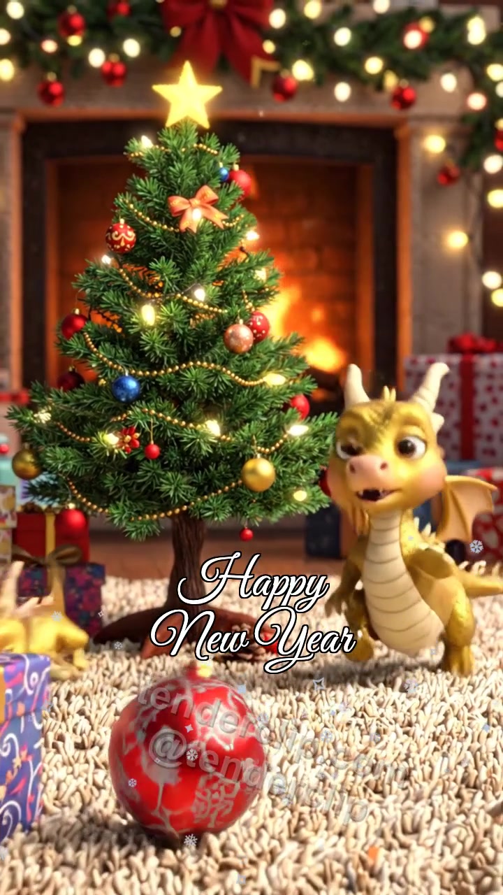 Animated greeting card about Happy New Year: a friendly tiny zodiac dragon with soft golden scales rescues an ornament