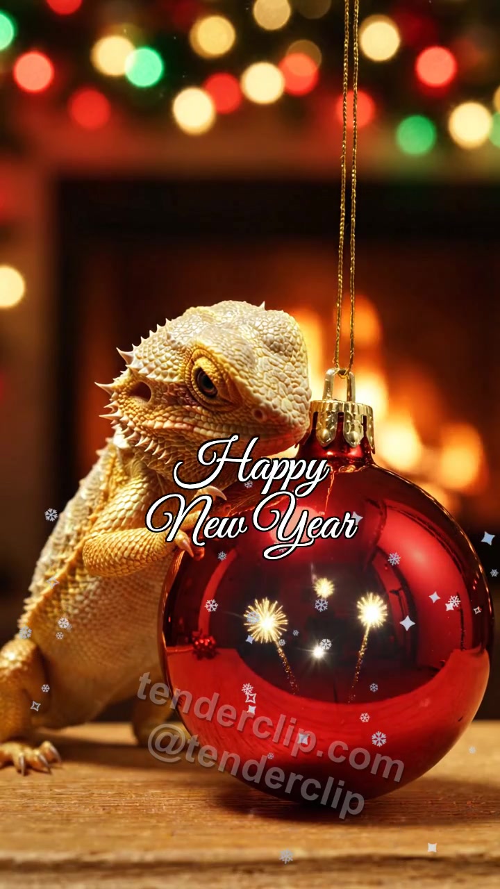 Animated greeting card about Happy New Year: a friendly tiny zodiac dragon with soft golden scales watches fireworks in an ornament