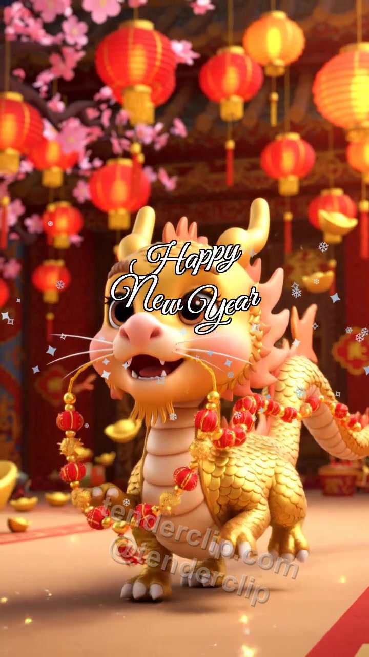 Animated greeting card about Happy New Year: a friendly tiny zodiac dragon with soft golden scales leads a tiny parade