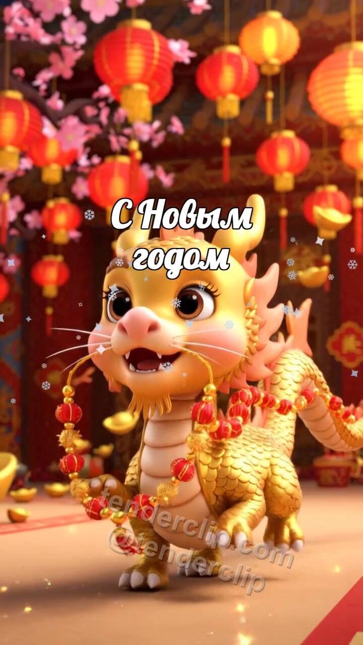Анимационная открытка на тему С Новым годом: дружелюбный маленький дракон ведёт маленький парад