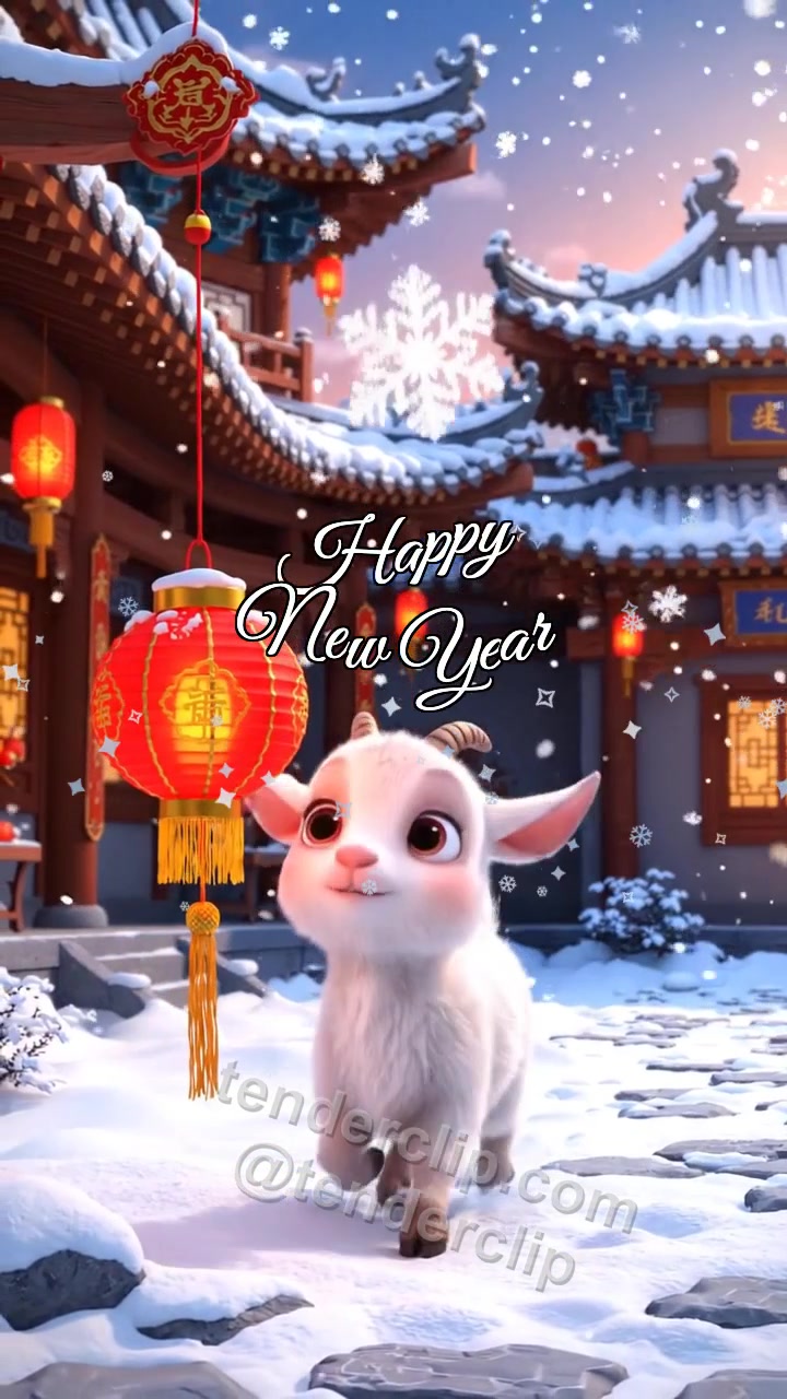 Animated greeting card about Happy New Year: a tiny baby goat with soft ears catches snow with a lantern
