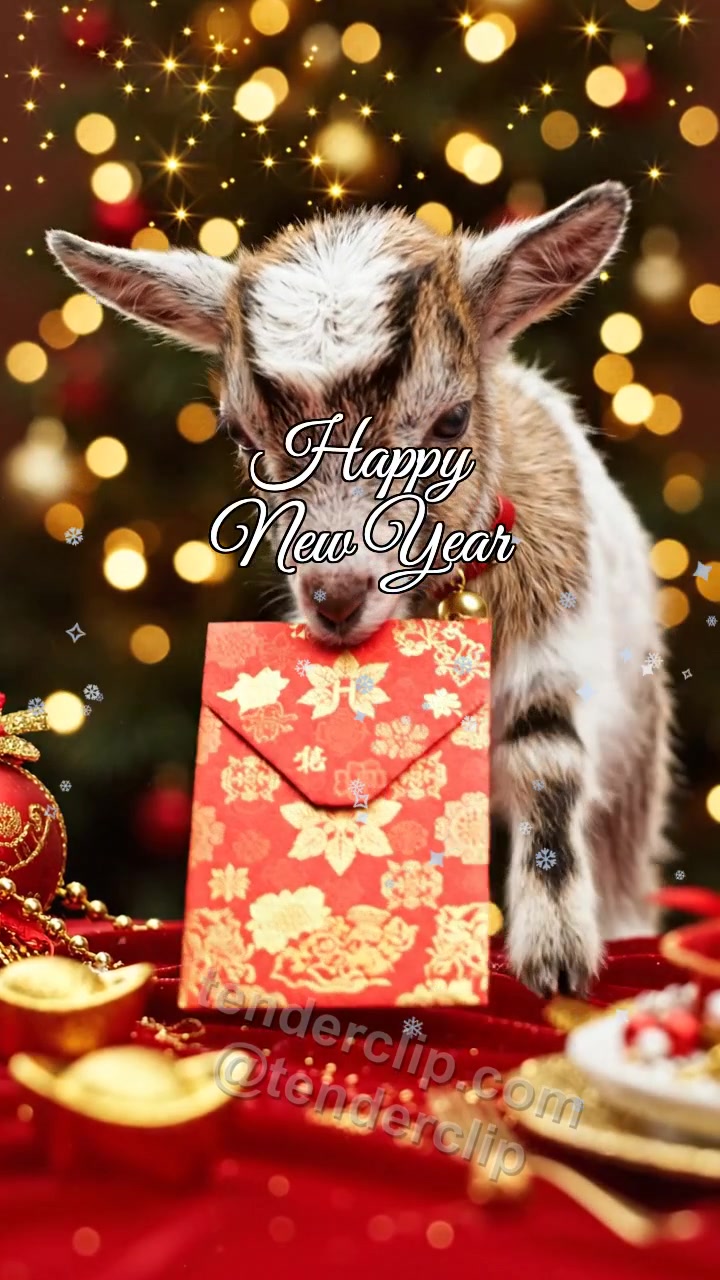 Animated greeting card about Happy New Year: a tiny baby goat with soft ears delivers a red envelope