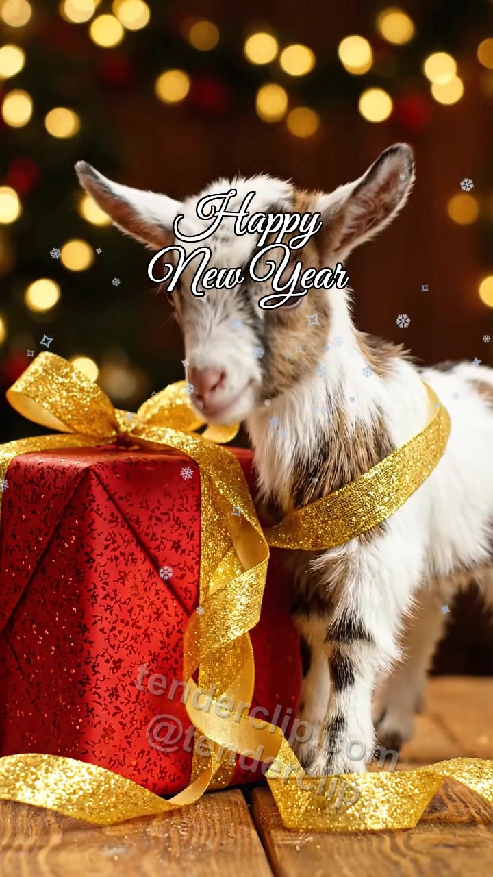Animated greeting card about Happy New Year: a tiny baby goat with soft ears untangles a gift ribbon