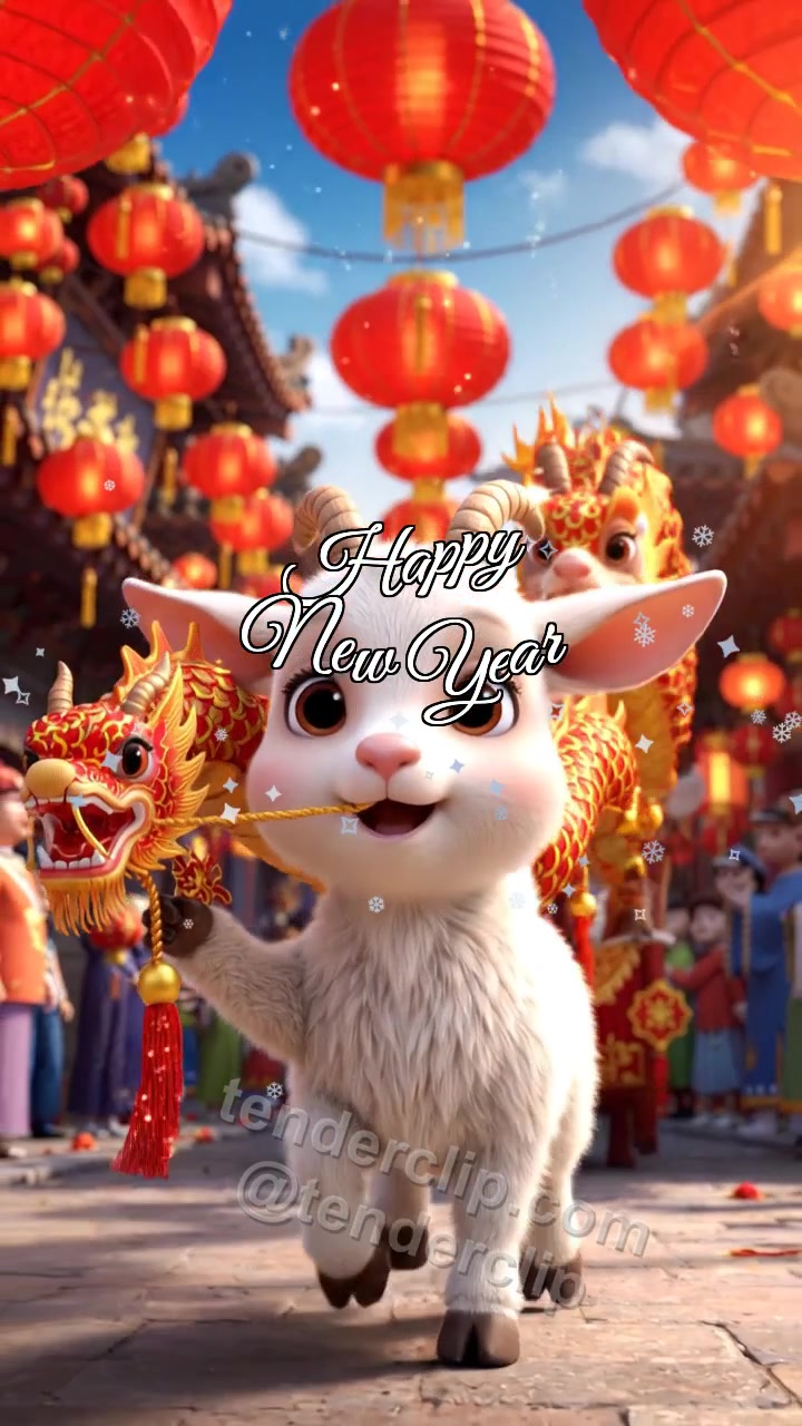 Animated greeting card about Happy New Year: a tiny baby goat with soft ears leads a tiny parade