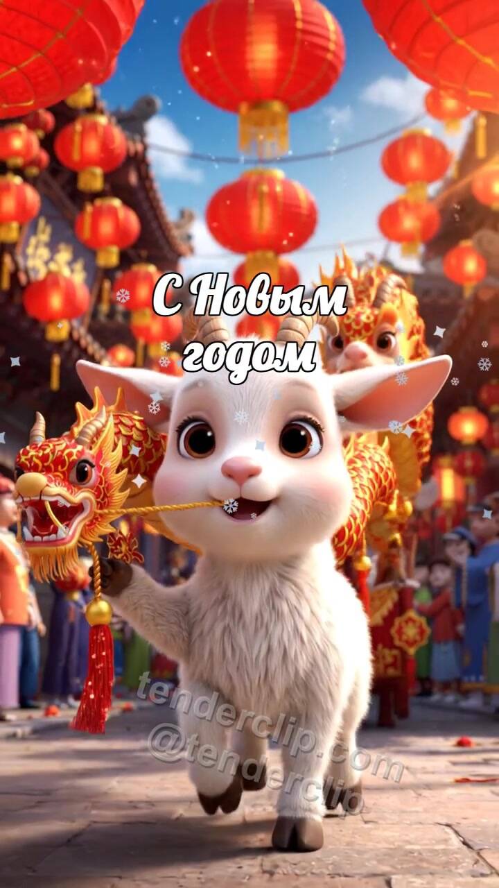 Анимационная открытка на тему С Новым годом: маленький козлёнок ведёт маленький парад