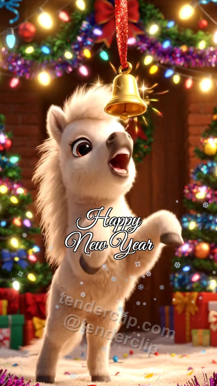 Animated greeting card about Happy New Year: a cheerful foal with a soft mane rings a festive bell