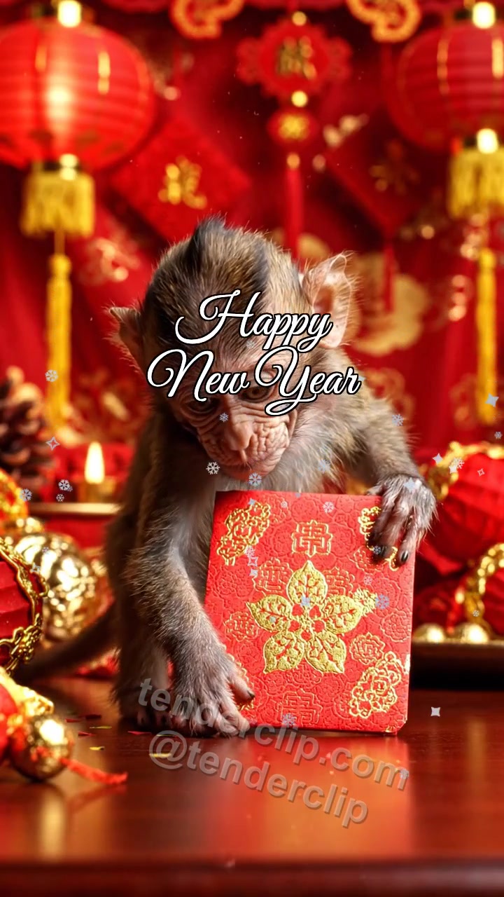 Animated greeting card about Happy New Year: a mischievous baby monkey with curious eyes delivers a red envelope