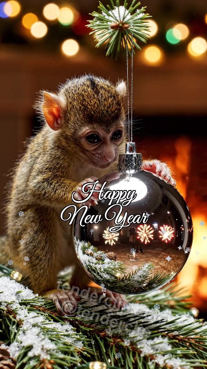 Animated greeting card about Happy New Year: a mischievous baby monkey with curious eyes watches fireworks in an ornament