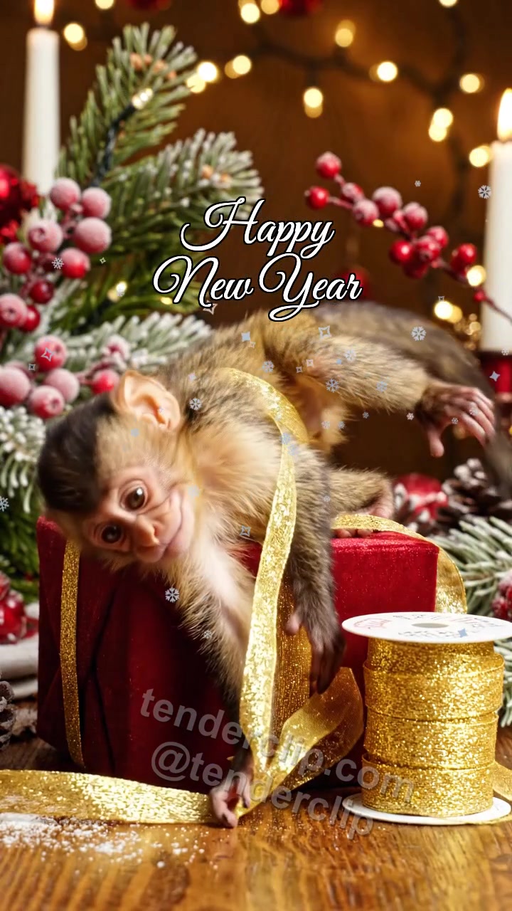 Animated greeting card about Happy New Year: a mischievous baby monkey with curious eyes untangles a gift ribbon