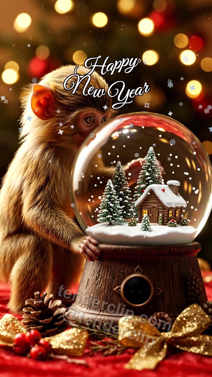 Animated greeting card about Happy New Year: a mischievous baby monkey with curious eyes wakes a snow globe