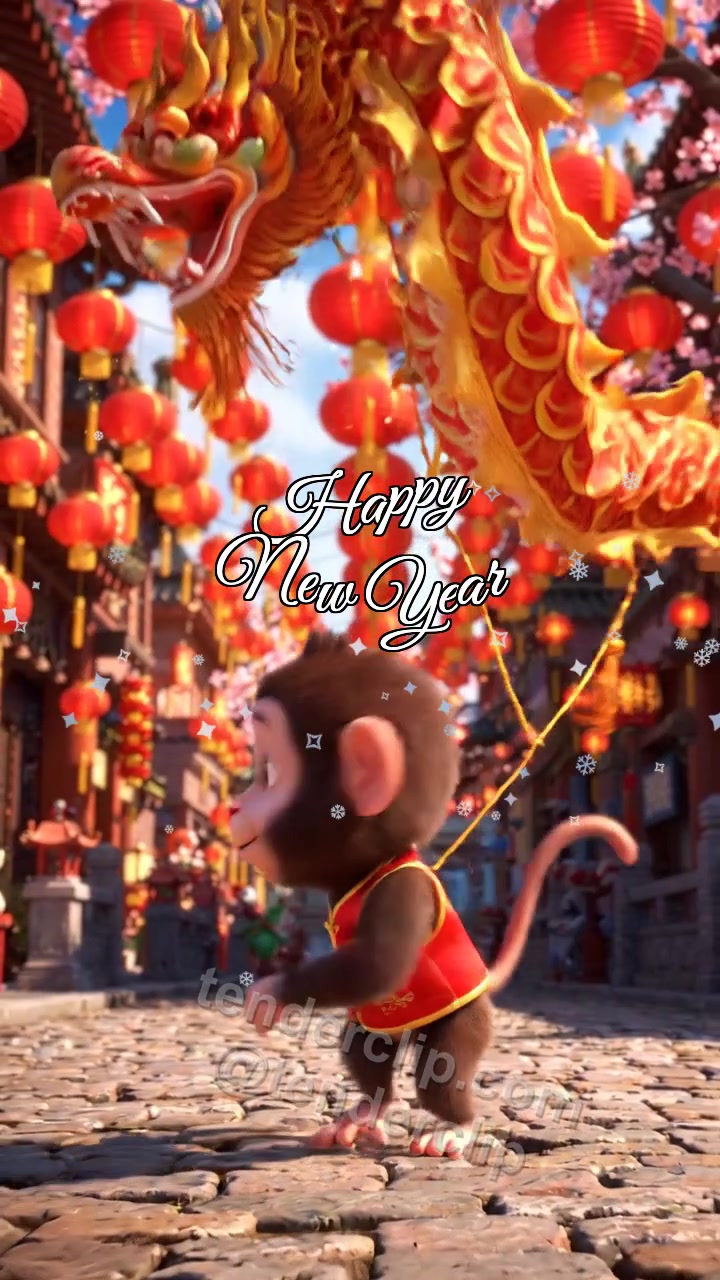 Animated greeting card about Happy New Year: a mischievous baby monkey with curious eyes leads a tiny parade