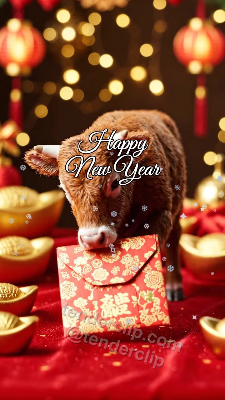 Animated greeting card about Happy New Year: a gentle baby ox with tiny horns delivers a red envelope