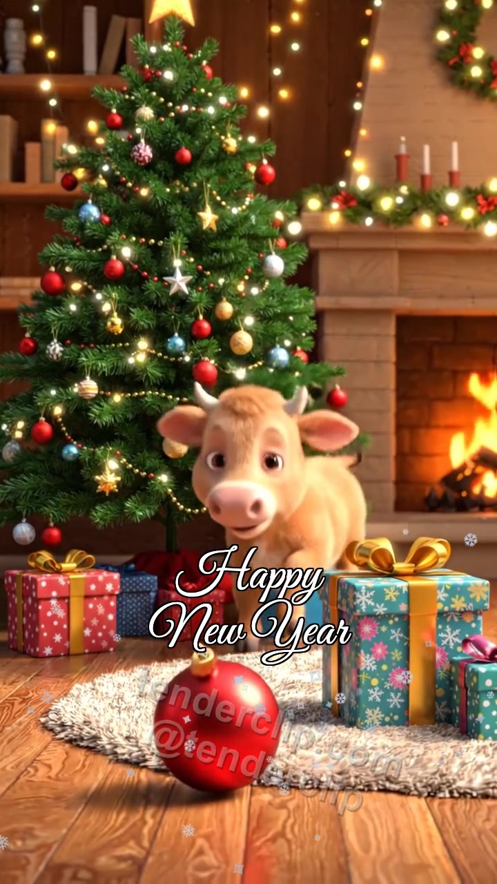Animated greeting card about Happy New Year: a gentle baby ox with tiny horns rescues an ornament