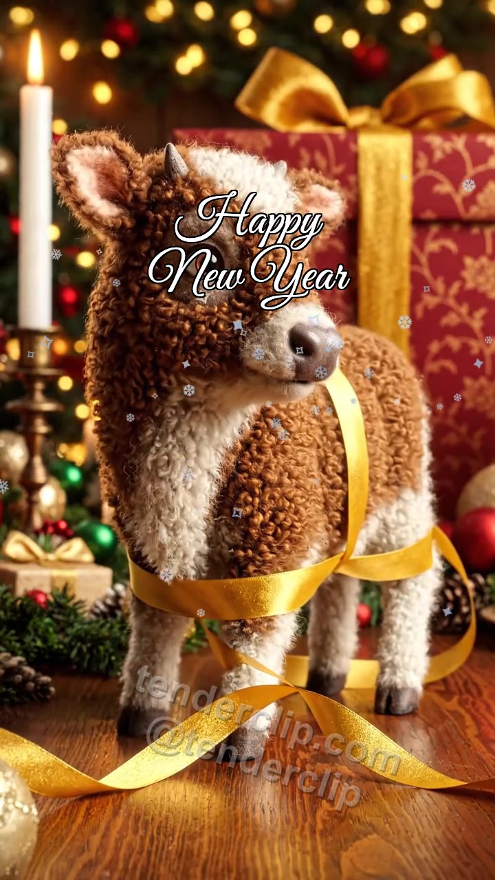 Animated greeting card about Happy New Year: a gentle baby ox with tiny horns untangles a gift ribbon