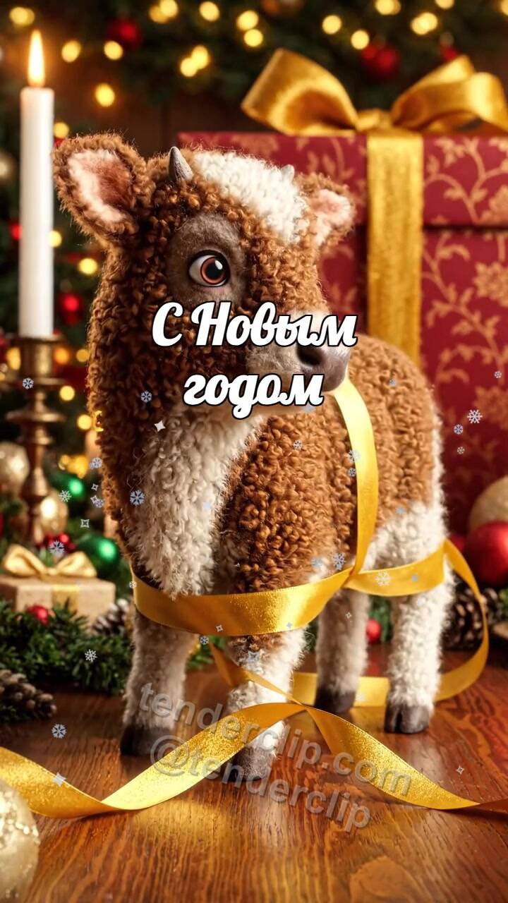 Анимационная открытка на тему С Новым годом: добрый маленький бычок распутывает подарочную ленту