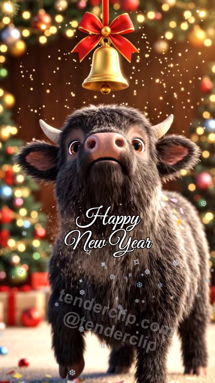 Animated greeting card about Happy New Year: a gentle baby ox with tiny horns rings a festive bell