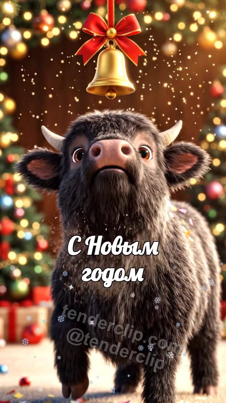 Анимационная открытка на тему С Новым годом: добрый маленький бычок звонит в праздничный колокольчик