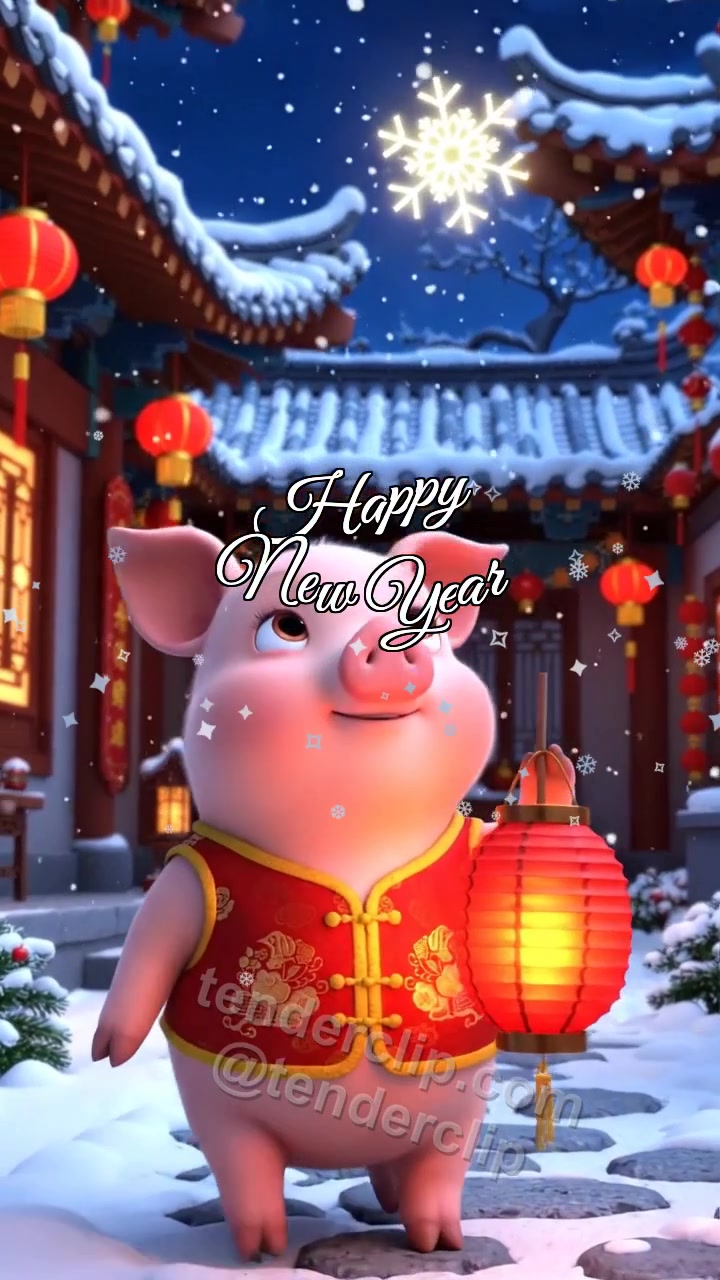 Animated greeting card about Happy New Year: a round cheerful piglet with a pink nose catches snow with a lantern