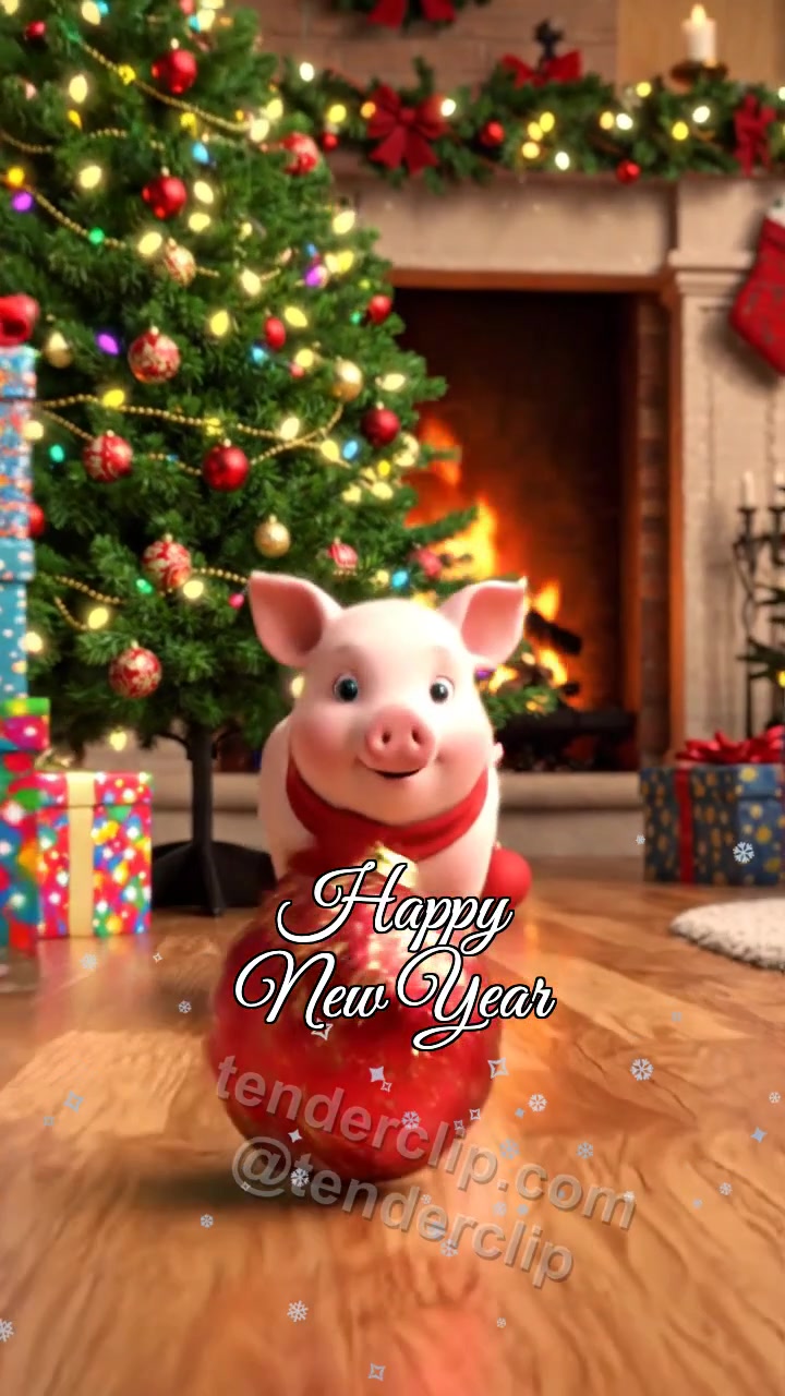 Animated greeting card about Happy New Year: a round cheerful piglet with a pink nose rescues an ornament