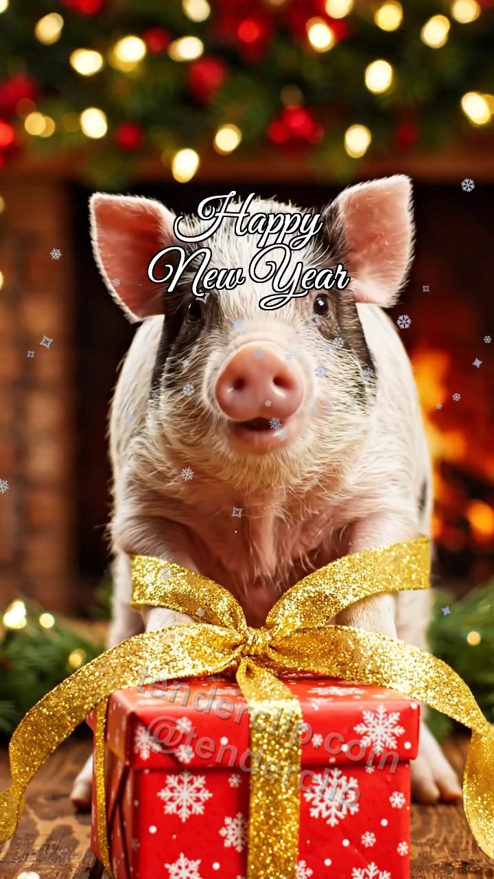 Animated greeting card about Happy New Year: a round cheerful piglet with a pink nose untangles a gift ribbon