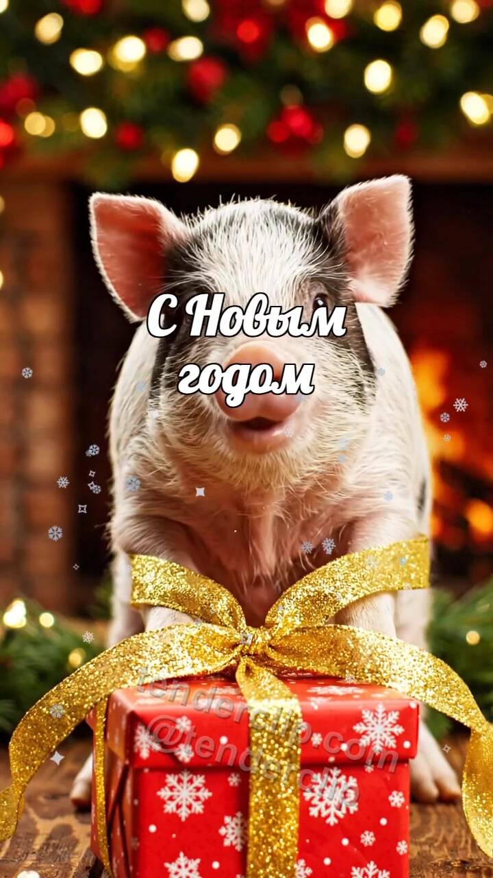 Анимационная открытка на тему С Новым годом: весёлый поросёнок распутывает подарочную ленту
