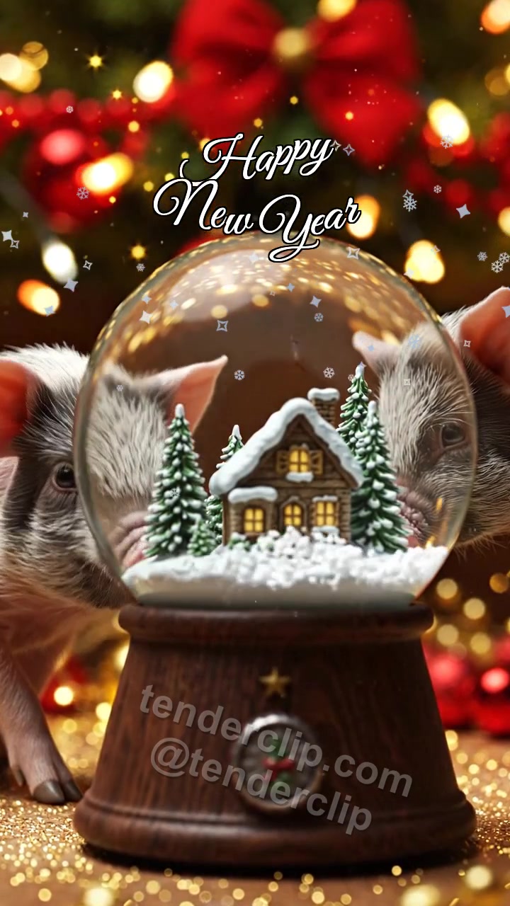 Animated greeting card about Happy New Year: a round cheerful piglet with a pink nose wakes a snow globe