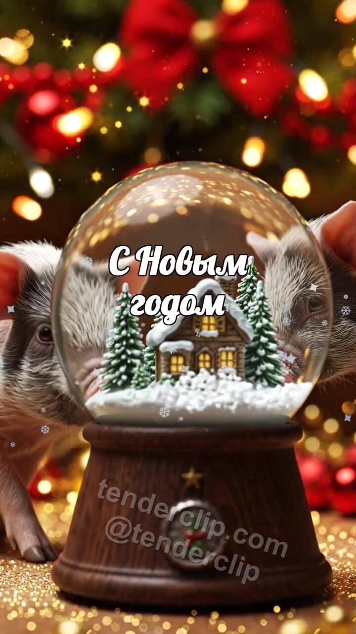 Анимационная открытка на тему С Новым годом: весёлый поросёнок оживляет снежный шар
