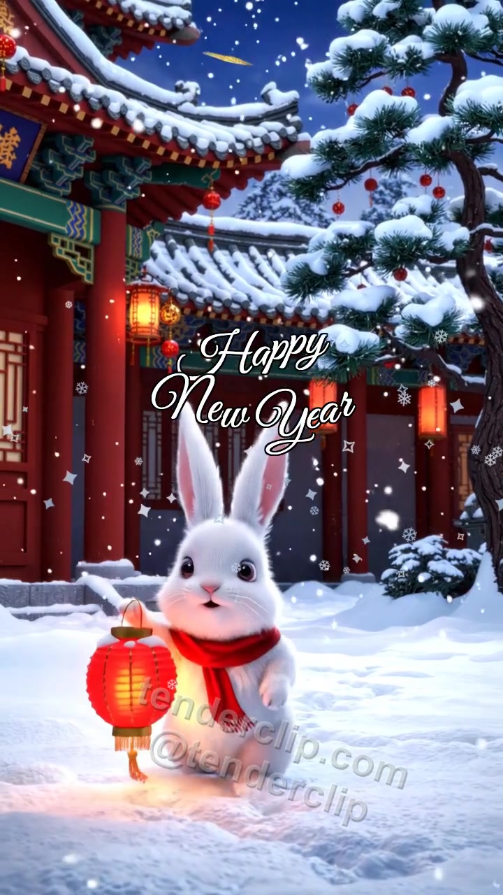 Animated greeting card about Happy New Year: a fluffy baby rabbit with long ears catches snow with a lantern