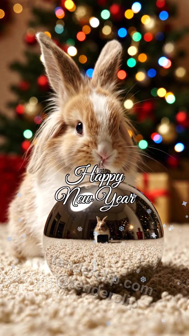Animated greeting card about Happy New Year: a fluffy baby rabbit with long ears watches fireworks in an ornament