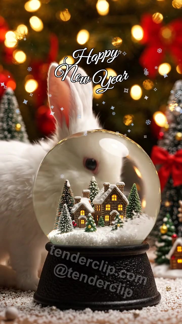 Animated greeting card about Happy New Year: a fluffy baby rabbit with long ears wakes a snow globe