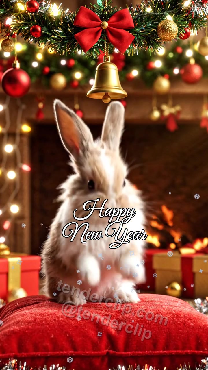Animated greeting card about Happy New Year: a fluffy baby rabbit with long ears rings a festive bell