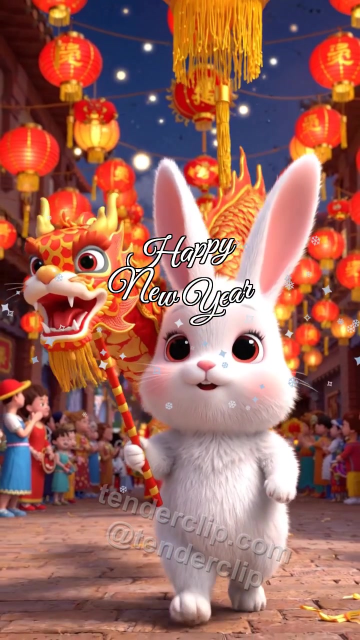 Animated greeting card about Happy New Year: a fluffy baby rabbit with long ears leads a tiny parade