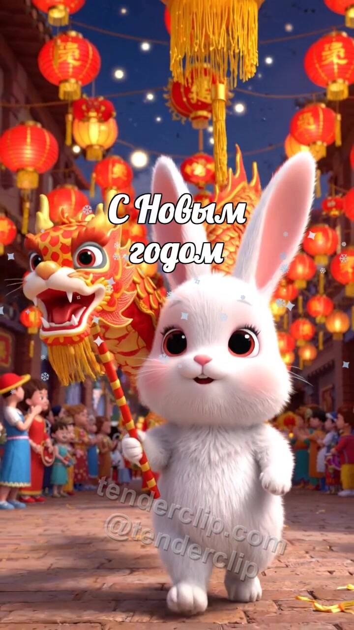 Анимационная открытка на тему С Новым годом: пушистый зайчонок ведёт маленький парад