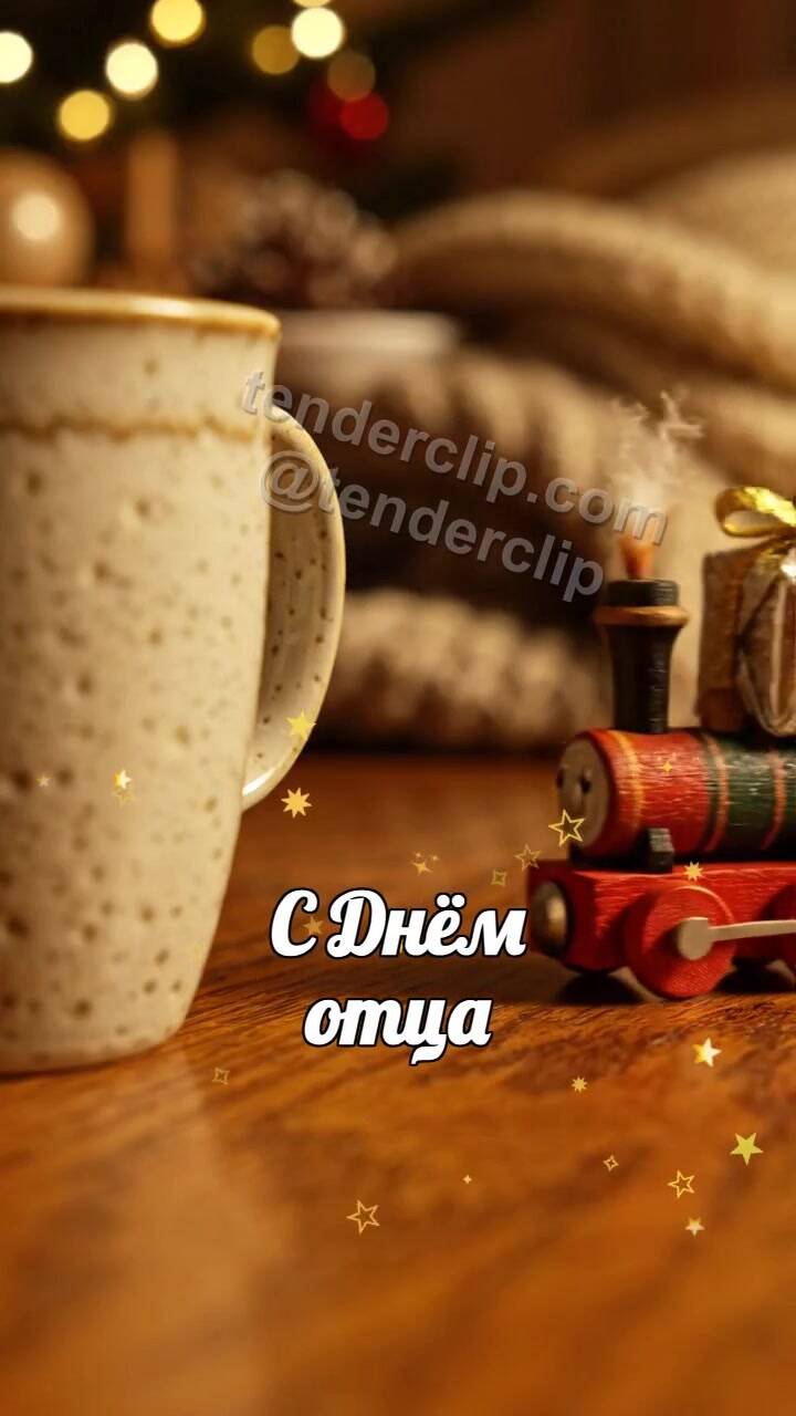Анимационная открытка на тему С Днём отца: игрушечный поезд привозит подарок