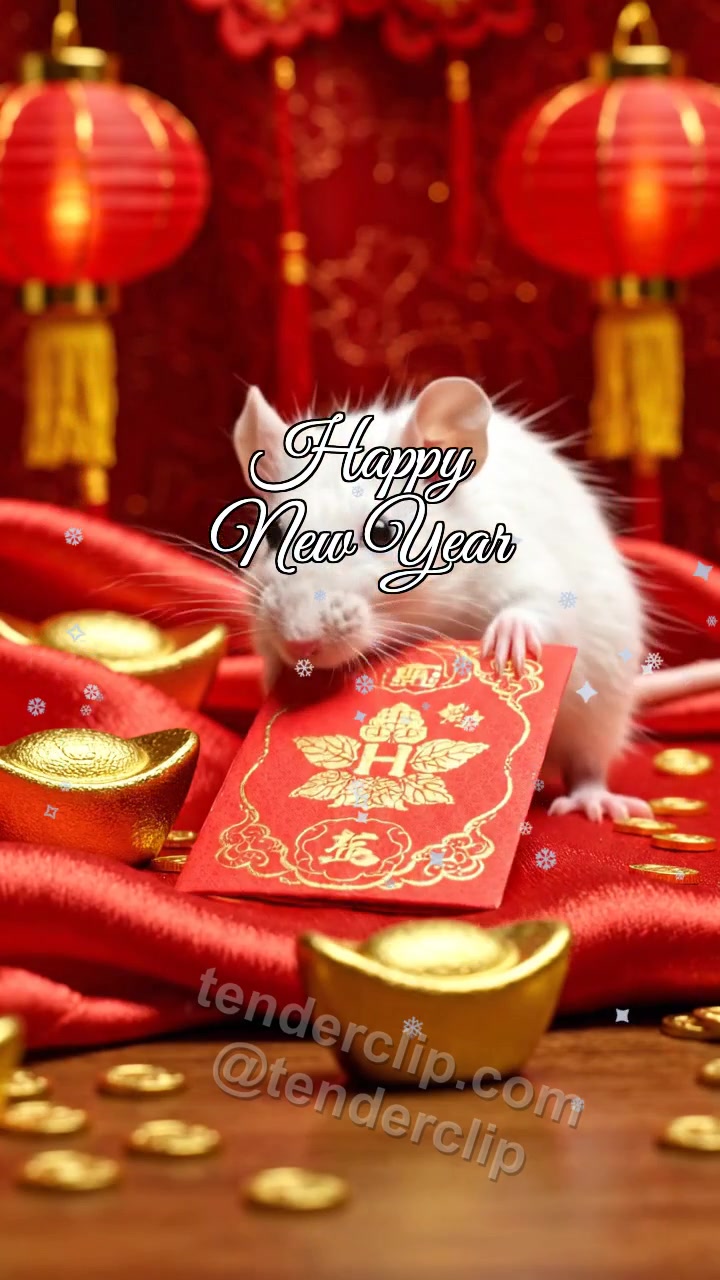 Animated greeting card about Happy New Year: a clever little white rat with bright eyes delivers a red envelope