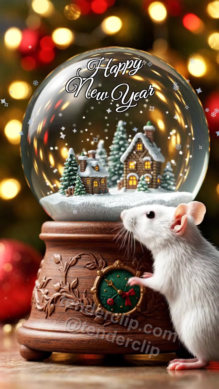 Animated greeting card about Happy New Year: a clever little white rat with bright eyes wakes a snow globe