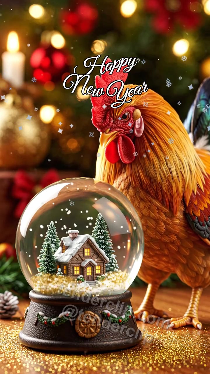Animated greeting card about Happy New Year: a proud colorful young rooster wakes a snow globe