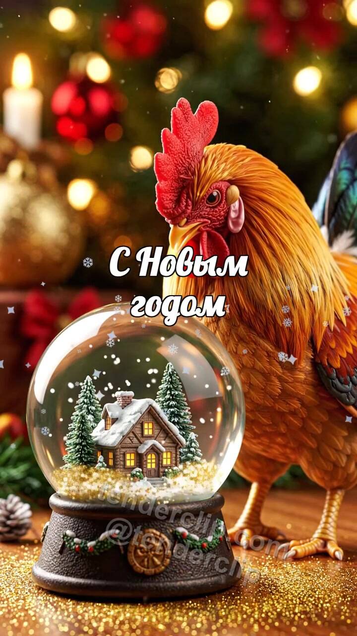 Анимационная открытка на тему С Новым годом: нарядный молодой петушок оживляет снежный шар