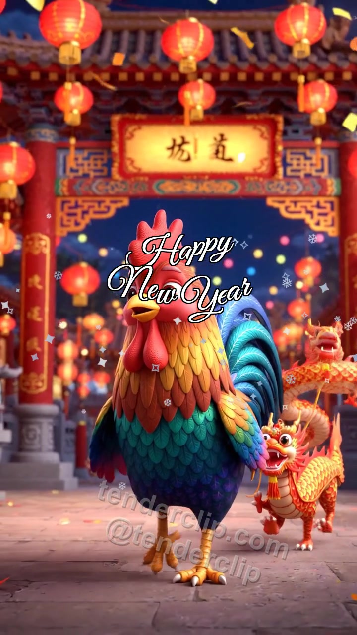 Animated greeting card about Happy New Year: a proud colorful young rooster leads a tiny parade
