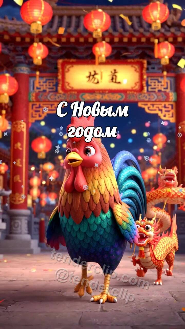 Анимационная открытка на тему С Новым годом: нарядный молодой петушок ведёт маленький парад