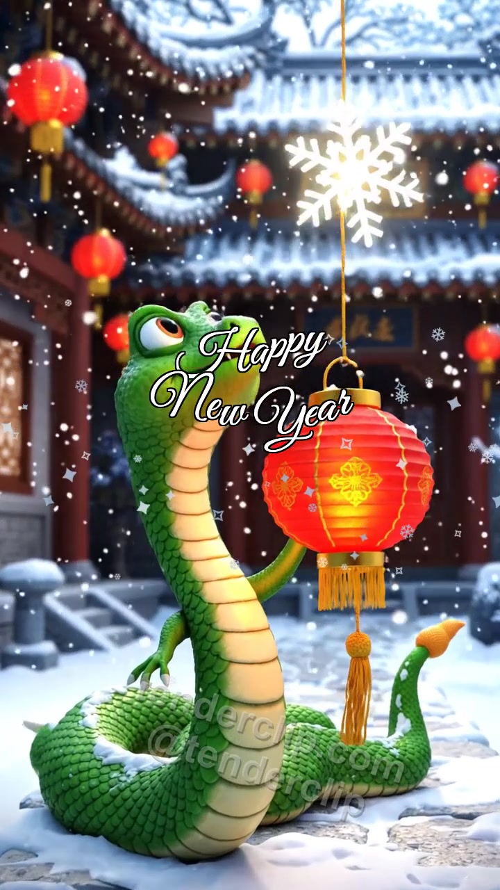 Animated greeting card about Happy New Year: a cute little green snake with expressive eyes catches snow with a lantern