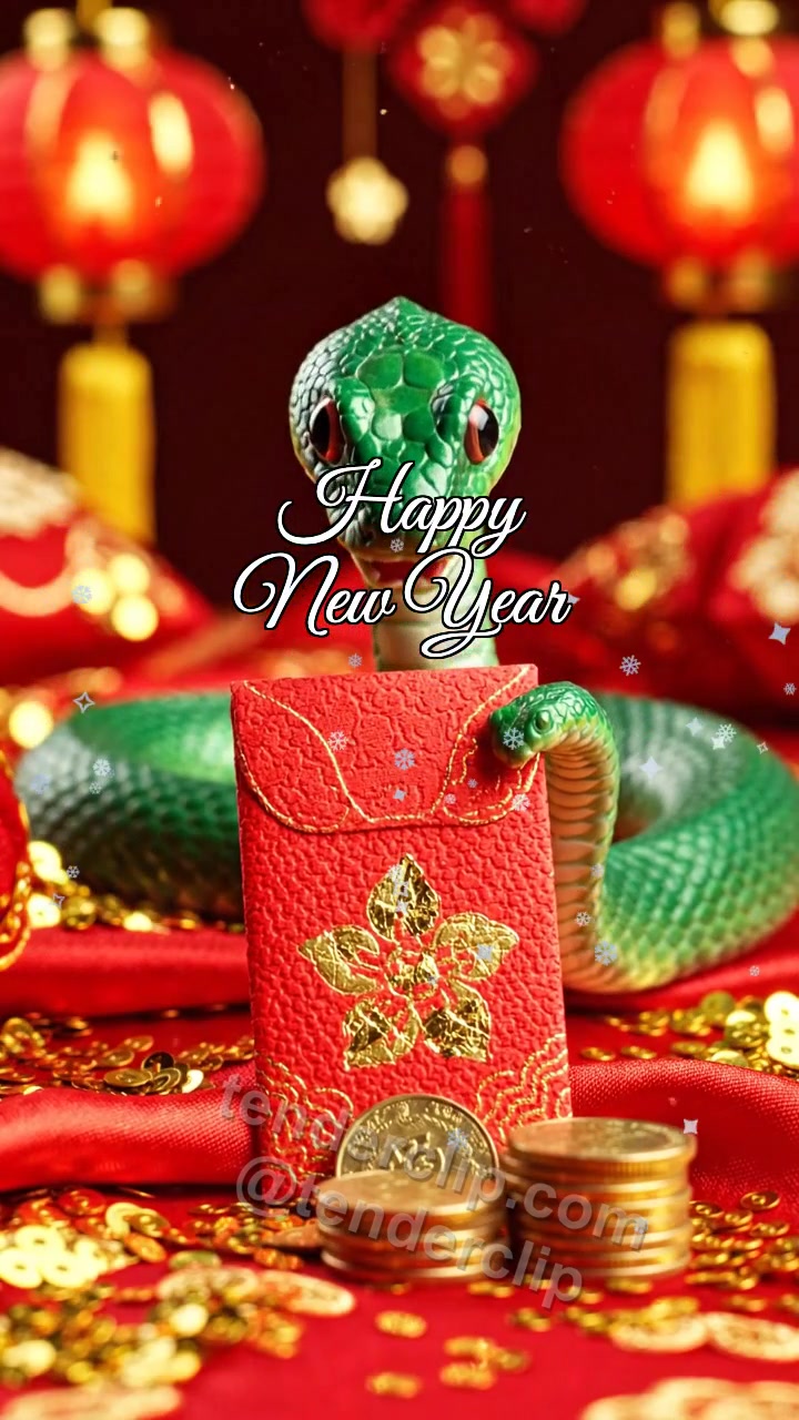 Animated greeting card about Happy New Year: a cute little green snake with expressive eyes delivers a red envelope